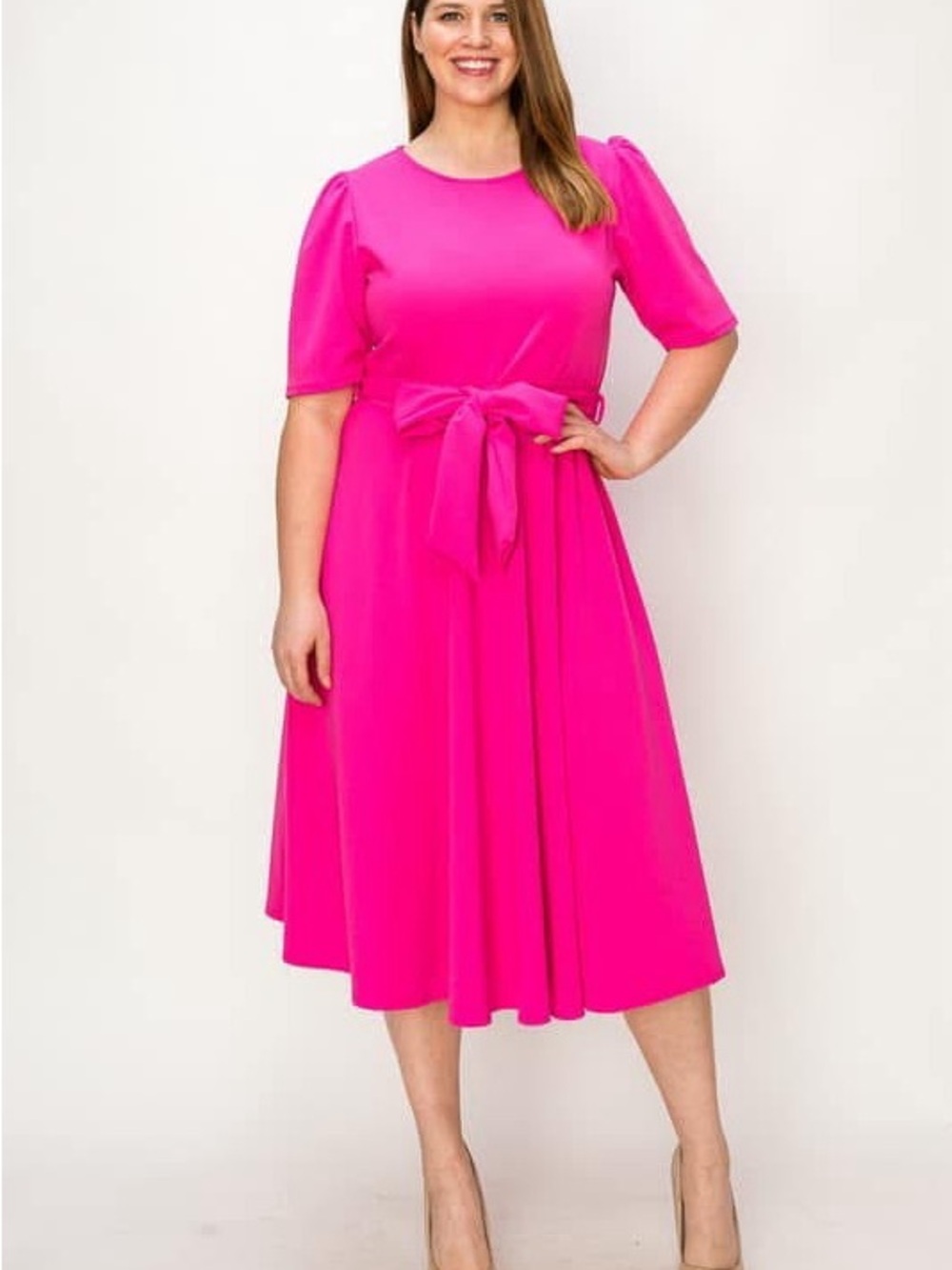 Women's Fuchsia Tie-Waist Midi Dress (Available in size small and 3xl